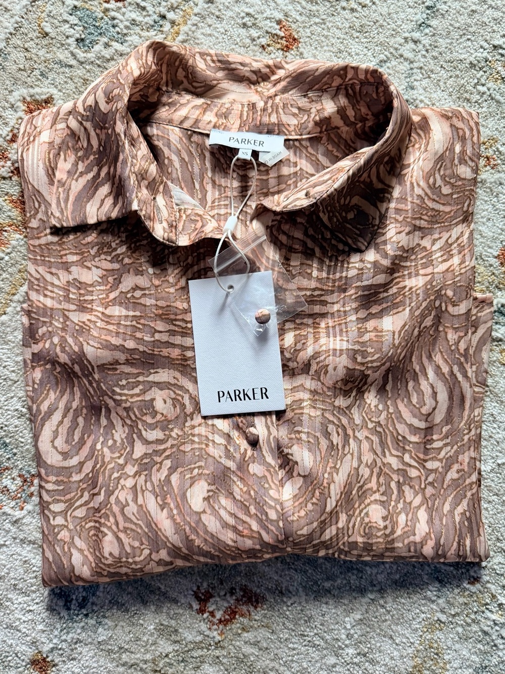 NWT Parker Sheer Metallic Swirl Blouse Neutral Retro Boho | Size XS